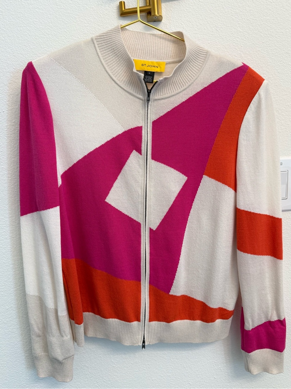 St. John Geometric Zip-Front Bomber Jacket in Pink, Red & Cream